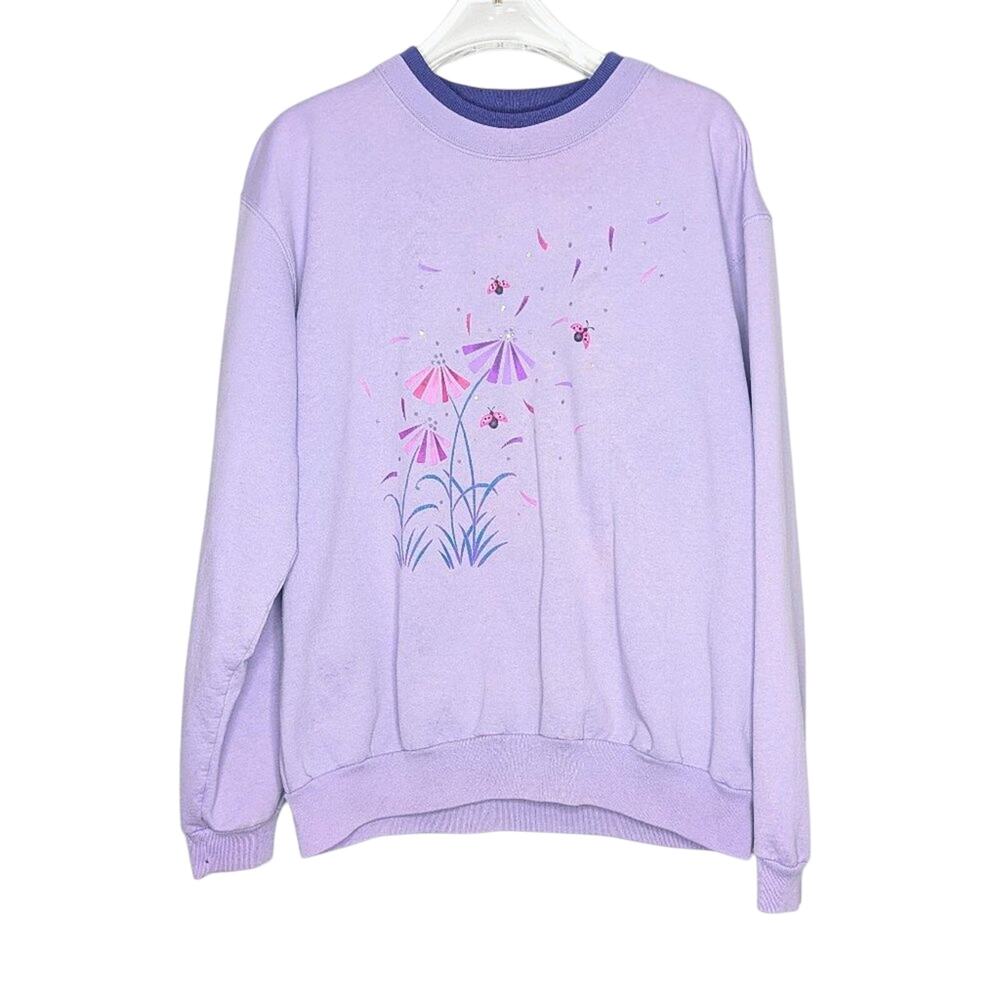 Vintage Purple Crewneck Sweatshirt Dandelion Ladybug Print Glitter Long Sleeve